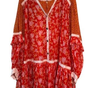 Free People Red and Orange Floral Long Sleeve Dress